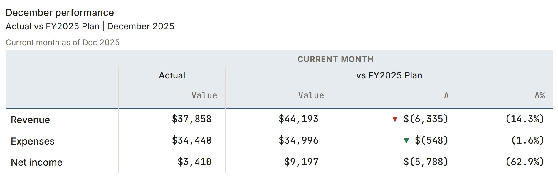 December 2025 sample performance: revenue $37,858, expenses $34,448, net income $3,410; plan net income $9,197.